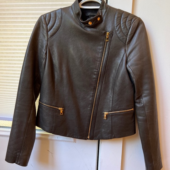 Ann Taylor 100% Genuine Leather Gray Moto Jacket buttery real leather - Picture 9 of 16